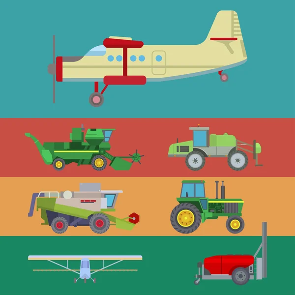 Landbouw oogst machine vector industriële banner boerderij apparatuur trekkers vervoer combineert en machines graafmachine illustratie. — Stockvector