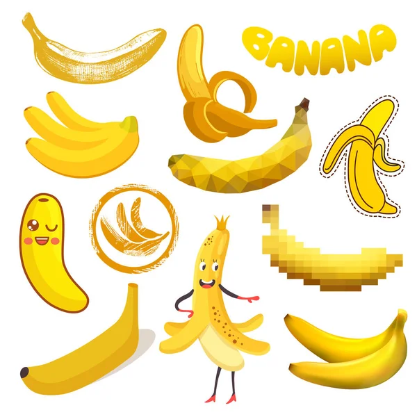 Banana vector yellow tropical fruit or healthy fruity snack of organic food diet illustration set of cartoon bananas emoticon isolated on white background — Stock Vector