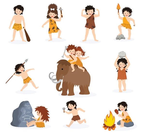 Grottman barn vector primitiva barn karaktär och förhistoriska barn med stenad vapen på mammut illustration uppsättning av gamla pojke eller flicka i stenåldern isolerad på vit bakgrund — Stock vektor