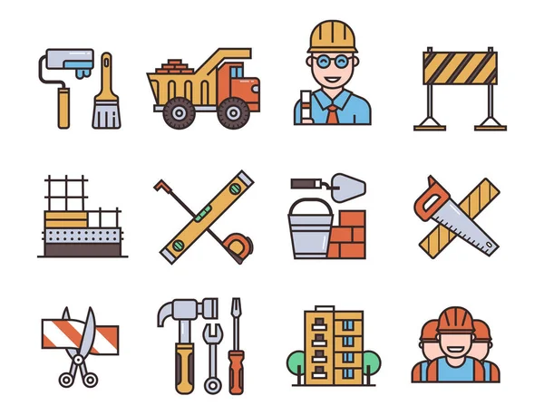 Iconos lineales vectoriales de construcción elementos universales de construcción y equipo de trabajo herramientas de la industria plana ilustración . — Vector de stock