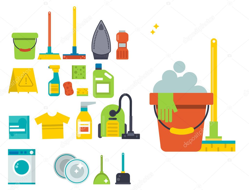 Cleaning service emblems labels and design elements home household symbol work brush vector illustration. Wash worker bin duster floor dirty clean equipment housework sign.