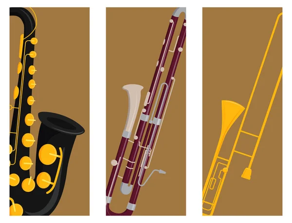 Instrumentos musicales de viento tarjetas herramientas acústico músico equipo orquesta vector ilustración — Vector de stock