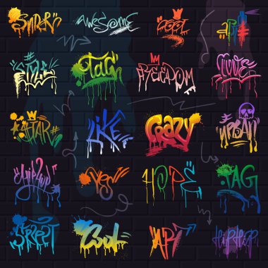 Grafiti vektör graffito brushstroke yazı ya da grafik tipografi illüstrasyon küme tuğla duvar arka plan üzerinde izole aşk özgürlük ile sokak metin