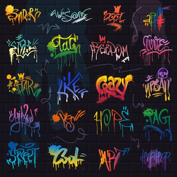 Graffiti vector graffito of brushstroke lettering or graphic grunge typography illustration set of street text with love freedom isolated on brick wall background — Stock Vector