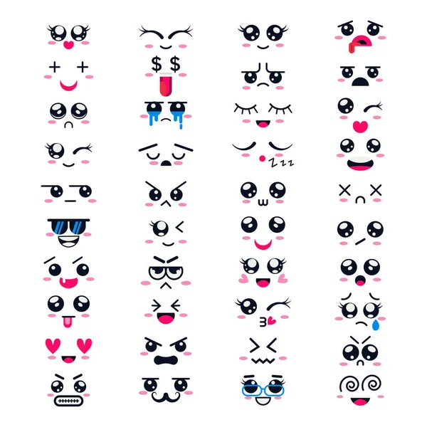 Kawaii wektor kreskówka emotikon z różnych emocji i twarz wyrażenie zestaw emocjonalne kolekcja ilustracja japoński emoji i wzruszający uczuć na białym tle — Wektor stockowy