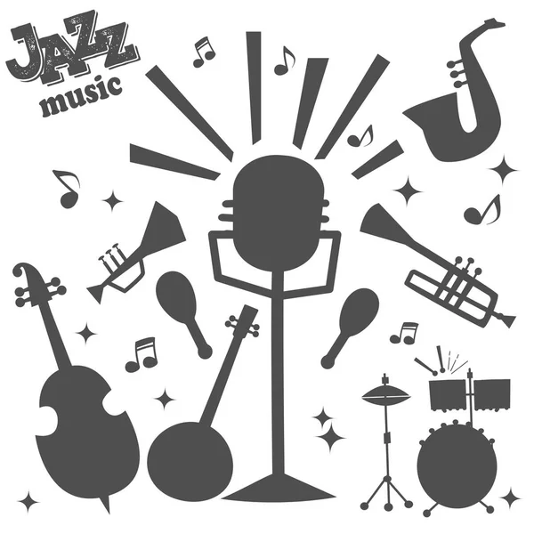 Jazz Musikinstrumente Werkzeuge Silhouette Ikonen Jazzband Klavier Saxophon Musik Klang Vektor Illustration Rock Konzert Note. — Stockvektor