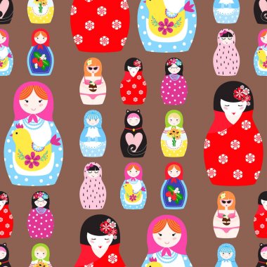 Matryoshka Geleneksel Rus iç içe bebek oyuncak çocuk yüz ve eşarp kadın Hatıra Dikişsiz desen arka plan illüstrasyon ile el yapımı süs şekil desenli vektör.