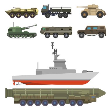 Askeri nakliye vektör araç teknik ordu savaş tankları ve sanayi zırh savunma ulaşım illüstrasyon silah.