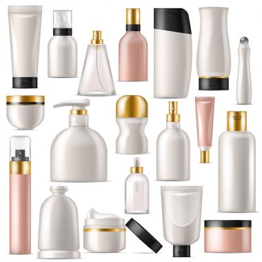 Kozmetik ürün vektör Cilt Bakımı krem şişe şablonu ve tüp veya kapsayıcı mockup kozmetik resimde kümesi beyaz arka plan üzerinde izole markalı losyon paketi için