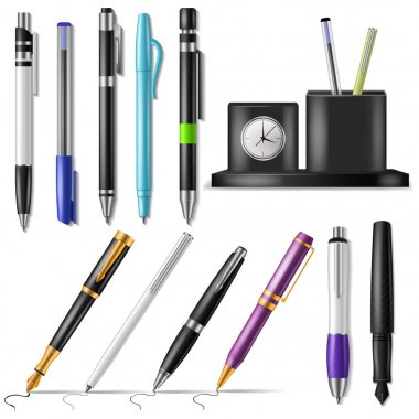 Beyaz arka plan üzerinde izole kalem vektör office fountainpen veya iş tükenmez kalem mürekkep ve yazmak için yazı araçları okul Kırtasiye kümesi illüstrasyon işareti