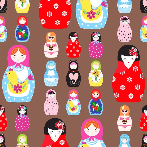 Matryoshka vector tradicional ruso anidación muñeca juguete con ornamento hecho a mano figura patrón con cara de niño y babushka mujer recuerdo sin costuras patrón fondo ilustración . — Archivo Imágenes Vectoriales