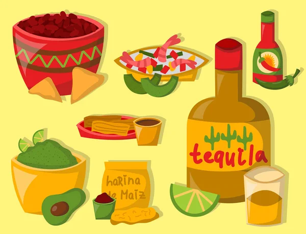 Comida tradicional mexicana con carne aguacate tequila maíz pimienta picante salsa almuerzo salsa cocina vector ilustración — Vector de stock