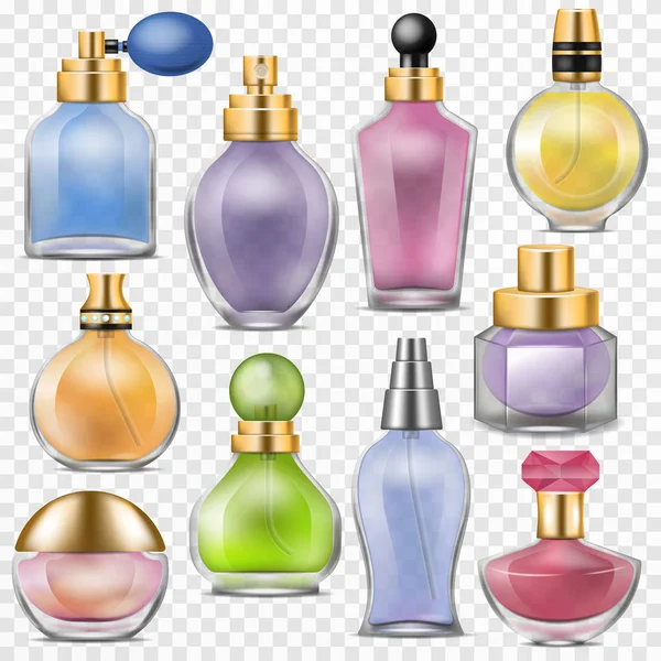 Perfume vector aroma perfumado en botella de vidrio o aerosol de fragancia para mujer perfumada ilustración conjunto de perfumería de belleza femenina aroma aislado sobre fondo transparente — Vector de stock