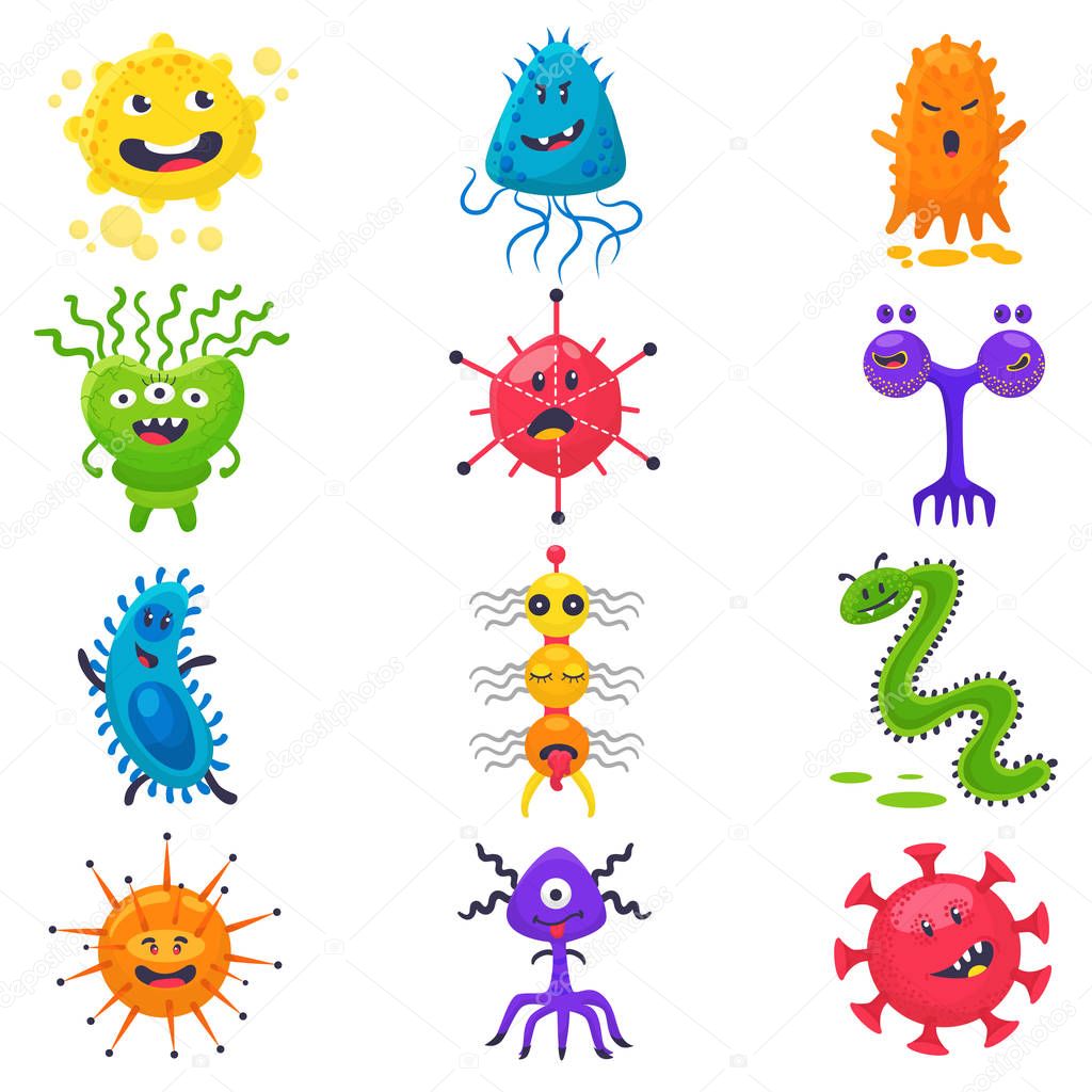 Viruses vector cartoon bacteria emoticon character of bacterial infection or ilness in microbiology illustration set of microbe organism emotions isolated on white background