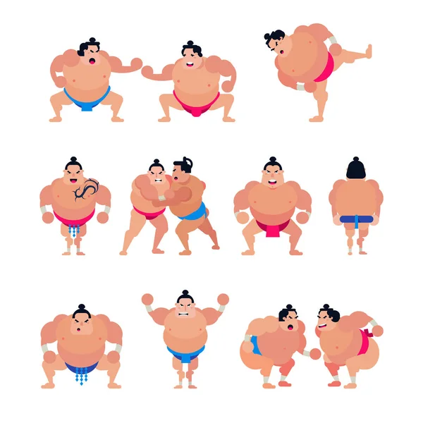 Sumo vector japonés luchador o sumowrestler carácter de deporte tradicional en Japón ilustración conjunto de la lucha contra la gente en Tokio aislado sobre fondo blanco — Archivo Imágenes Vectoriales