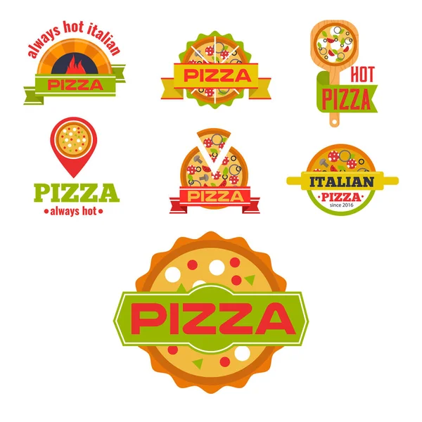 Levering pizza logo badge pizzeria restaurant service fastfood vectorillustratie. — Stockvector