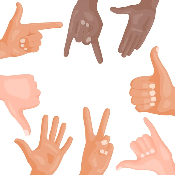 Handen doofstomme verschillende gebaren menselijke arm mensen mededeling bericht vectorillustratie. — Stockvector