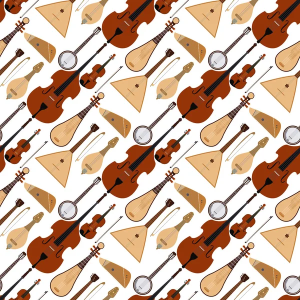 Stringed dreamed musical instruments classical orchestra art sound tool acoustic symphony seamless pattern background wooden equipment vector illustration — Stock Vector