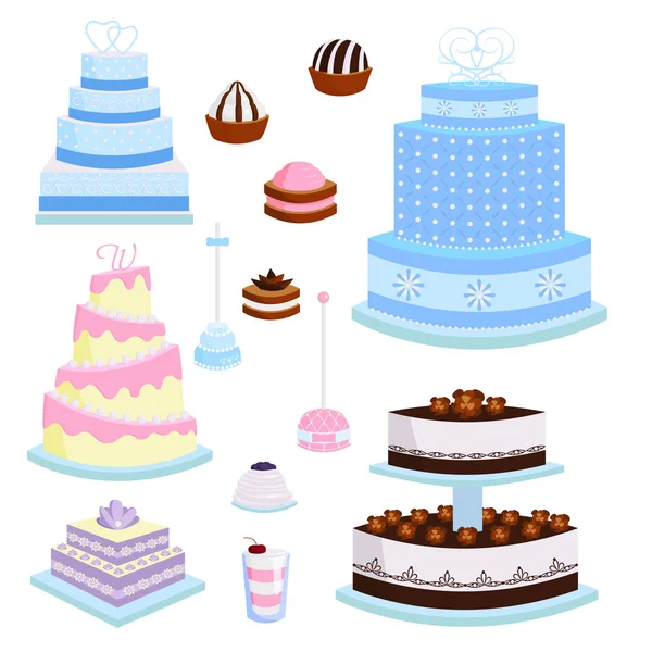 Trouwdag voedsel illustratie vector taart taart snoep dessert bakkerij plat eenvoudige stijl bruiloft gebakken. — Stockvector