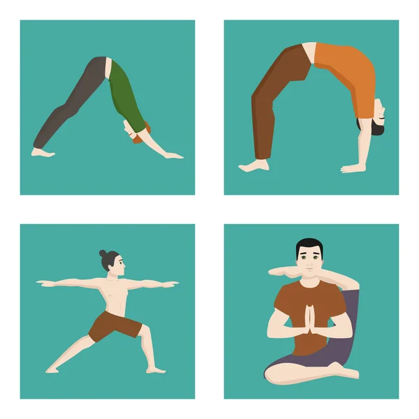 Yoga posiciones mans caracteres clase tarjetas meditación masculina concentración humana paz estilo de vida vector ilustración . — Vector de stock