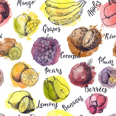 Meyveli elma muz ve taze dilimleri ve işareti illüstrasyon verimli set Dikişsiz desen arka plan yazı ile tropikal meyve sulu boya logosu ile egzotik mango meyve vektör