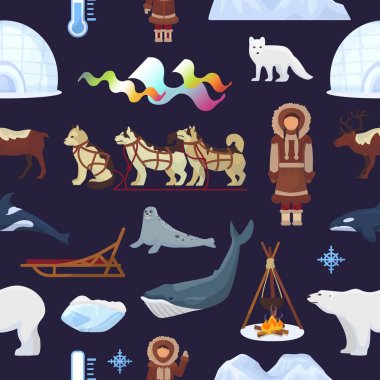 Arctic vektör Kuzey borealis Norveç ve kızakla husky köpek sledge yurta karlı kış illüstrasyon polaris küme Kuzey etnik karakterler hayvanlar ve Kutup ayısı Dikişsiz desen arka plan için