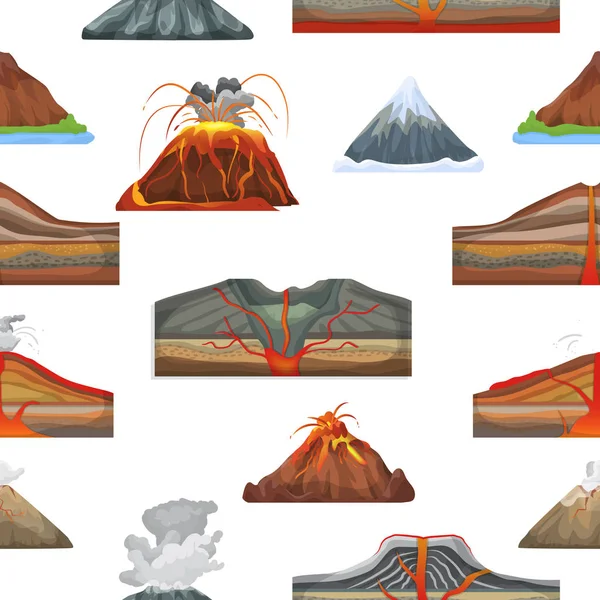 Vulkaan vector uitbarsting en vulkanisme of explosie Geschudek van aard vulkanische bergen illustratie set van vulkanologie naadloze patroon achtergrond — Stockvector