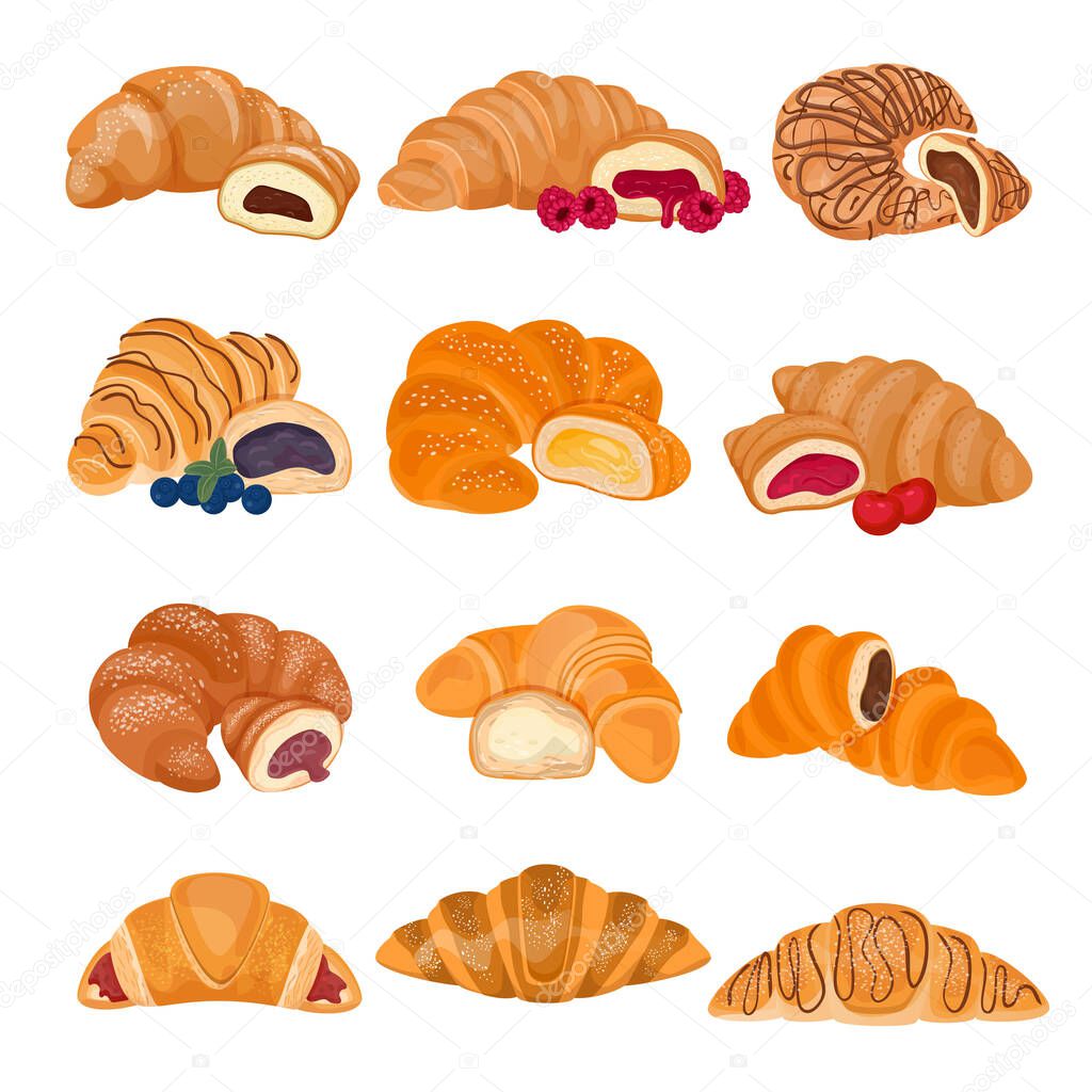 Croissant vector french food sweet dessert pastry bun for breakfast illustration bakery set of tasty bread bagel delicious snack isolated on white background