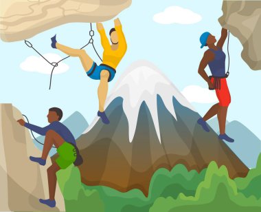 Üç donanımlı erkek dağcı kaya yamacı düz vektör illüstrasyonuna tırmanıyor. Dağcılık aşırı aktivite sporu konsepti. Yüksek kar dağı tepe arkaplanı.