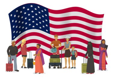 Amerika Birleşik Devletleri Göç vektör çizimi. Farklı ırklar ve milletler bavullu insanlar Usa 'ya gidiyor. Arka planda Amerikan bayrağı.