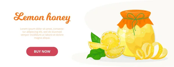 新鲜甜蜂蜜与柠檬分离的病媒说明。 蜂蜜在玻璃瓶中,切片,柠檬片和柠檬叶,好的冷饮. 购买网上网上商店. — 图库矢量图片