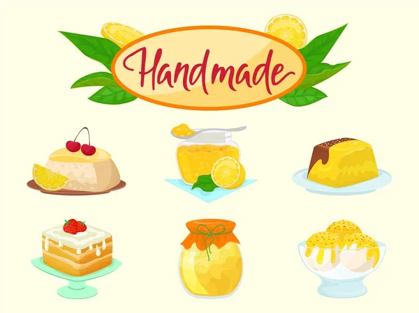 Lemon doces de comida feitos à mão e sobremesas ilustração vetorial. Amarelo limão citrinos bolos de frutas naturais, geléia e sorvete com xarope cítrico conjunto isolado . — Vetor de Stock