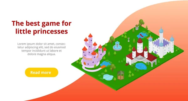 Werbung für Spiel oder Schloss Spielzeug für Mädchen kleine Prinzessin Vektor Illustrationsvorlage. Einladung zum Online-Spiel oder Kauf der Landungsseite. — Stockvektor