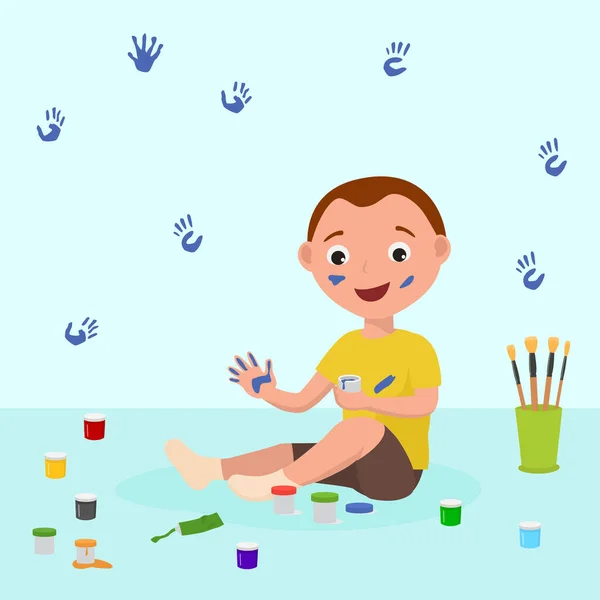 Cheerful little child boy sitting on floor and playing with colorful finger paints vector illustration. He draws with his hands at art class, kindergarten or home. — Stock Vector