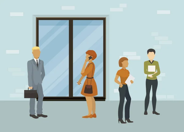Empresários, trabalhadores de escritório ou candidatos a emprego homem e mulheres em pé na frente de porta fechada vetor ilustração. À espera de entrevista ou reunião de compromisso de negócios . — Vetor de Stock