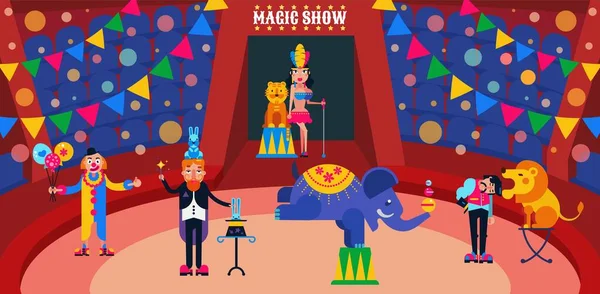 Zirkusshow-Vektor-Illustration. Zirkusartisten in der Manege, Zauberer mit Hasen, Assistent, Clown. Wildtiere Löwe, Tiger, Elefant. — Stockvektor