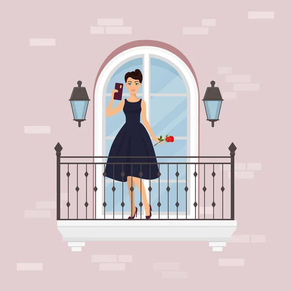 Redo att datum banner vektor illustration. Kvinna i elegant klänning stående på balkong mot väggen i huset bakgrund håller mobiltelefon och blomma. — Stock vektor