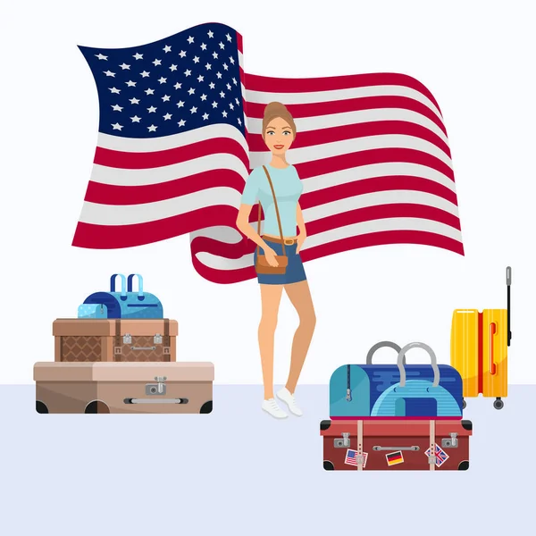 Spojené státy americké emigrační vektorové ilustrace. Mladá žena emigruje do USA, stojí blízko kufříků a je připravena k odjezdu. Americká vlajka na pozadí. — Stockový vektor