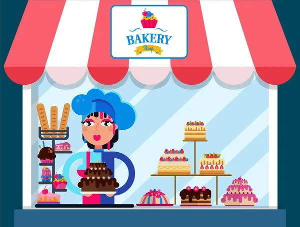 Familienbäckerei Vektor Illustration. Konditormädchen mit leckerem Schokoladenkuchen. Bäckereischild. Theke mit verschiedenen Süßigkeiten Kuchen und Plätzchen. — Stockvektor