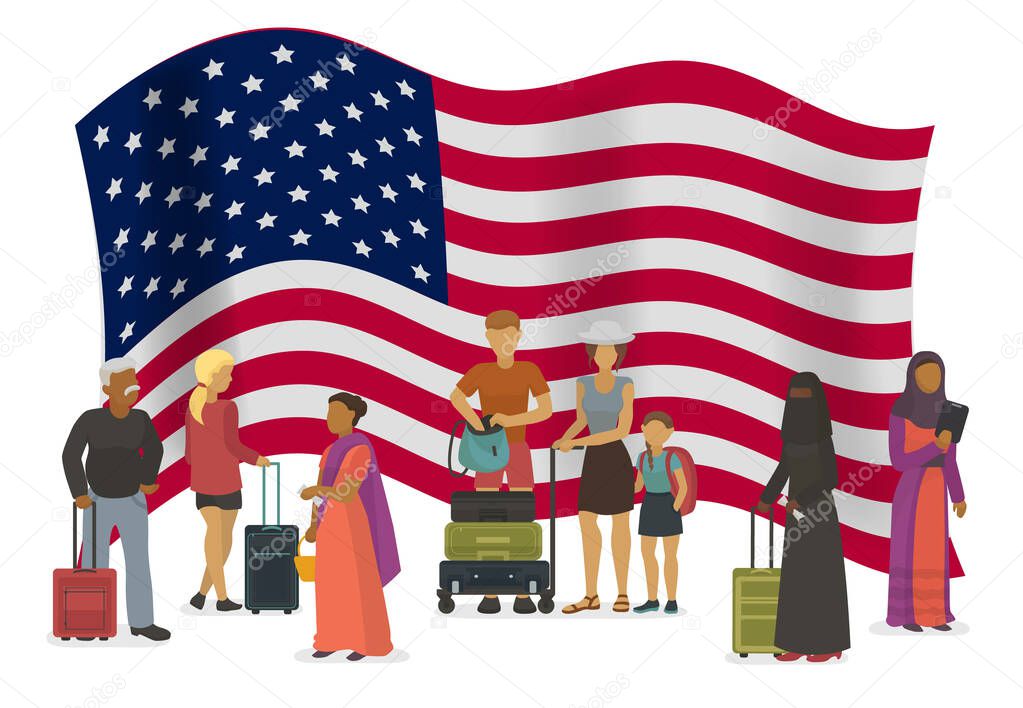 United States of America emigration vector illustration. Different races and nationalities people with suitcases go to USA. American flag in background.