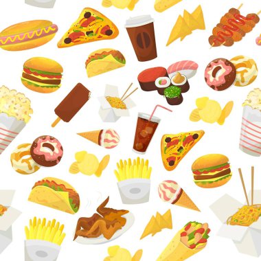 Fast food şablon vektör çizimi. Hamburger, pizza, kızarmış tavuk ve beyaz arka planda izole edilmiş patlamış mısır suşili dondurma. Fast food ile duvar kağıdı.