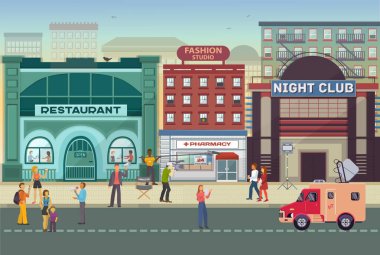 Şehir sokak vektör illüstrasyonu üzerinde çalışan çekim ekibi. Film ya da video klip çekimleri. Yoldan geçenler var. Hoparlörlü asistanlar.