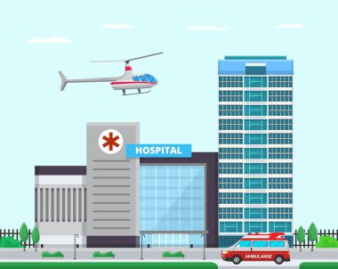 Hastane tıp merkezi modern bina vektör çizimi düz stil. Ambulans arabası ve helikopter. Hayat kurtarma, tıbbi tedavi ve sağlık hizmeti kavramı.