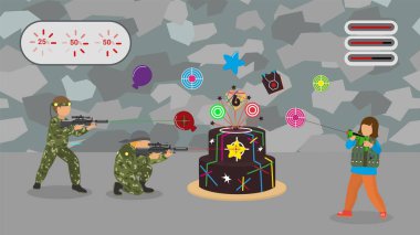 Çocuklar lazer-tag oyunu vektör çizimi oynuyorlar. Çocukların doğum günü eğlencesi. Erkekler ve kızlar tatil pastası arka planında lazer tüfekleriyle ateş ediyorlar..