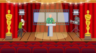 Sinema film seremonisi tekrarlama hazırlama salonu vektör illüstrasyonunu ödüllendiriyor. Rozetli bir adam sahne ışıkları altında duruyor, ikincisi kamera önünde fotoğraf çekiyor..