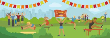 Engelli yarış ve farklı atletizm sporları aktiviteleri veya yarışma vektör illüstrasyonu. Erkekler ve kadınlar bariyerlerin üzerinden atlıyor, çekirdeklerini fırlatıyorlar..