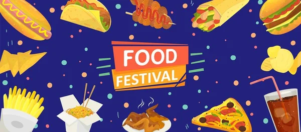 Ilustrasi poster vektor festival makanan. Templat brosur perayaan. Burger makanan cepat saji, kentang goreng, keripik, hot dog, ayam goreng, pizza, limun . - Stok Vektor