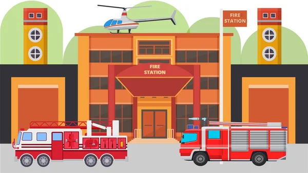 Σύγχρονη fire station κτίριο πρόσοψη και τα αυτοκίνητα φωτιά διανυσματική απεικόνιση. Πυροσβεστικά οχήματα με εξοπλισμό έτοιμο για έκτακτη ανάγκη, παρατηρητήρια, ελικόπτερο, γκαράζ. — Διανυσματικό Αρχείο