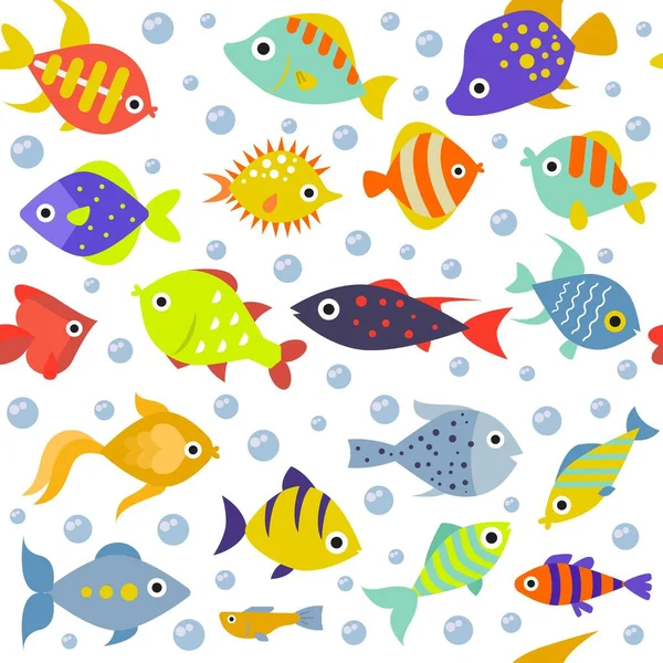 Акваріум море океан різні барвисті риби Векторні ілюстрації безшовний візерунок. Підводний світ тропічні риби бульбашки води фон природи . — стоковий вектор