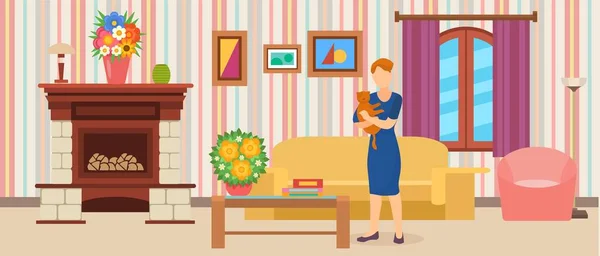 Rummets inre. Kvinna som håller katt stående hemma i platt vektor illustration. Modern inredda rena bekväma mysiga vardagsrum med soffa, bord, fåtölj, öppen spis. — Stock vektor